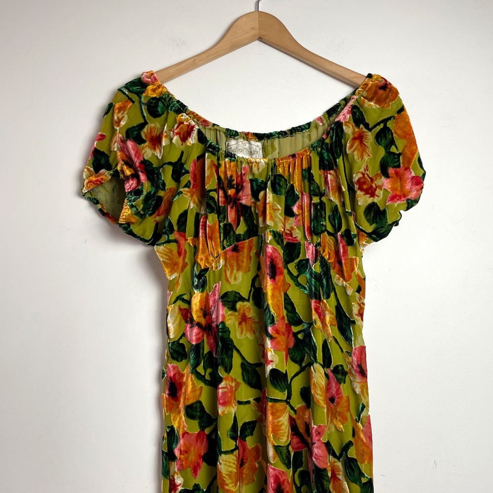 Vintage Babydoll Silk Blend Burnout Velvet Floral Maxi Dress Medium Whimsigoth